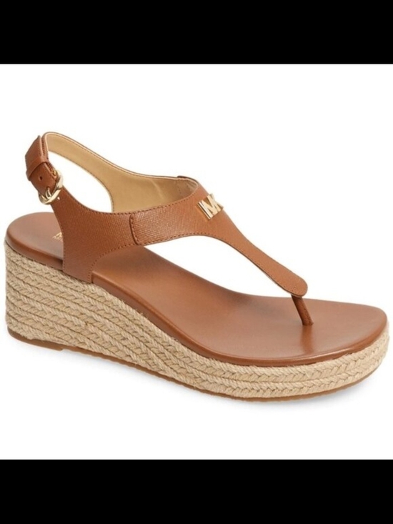Michael Kors Shoes - Michael Kors Tan Espadrille Leather Wedge Heel Thong Sandal Women's Size 8.5